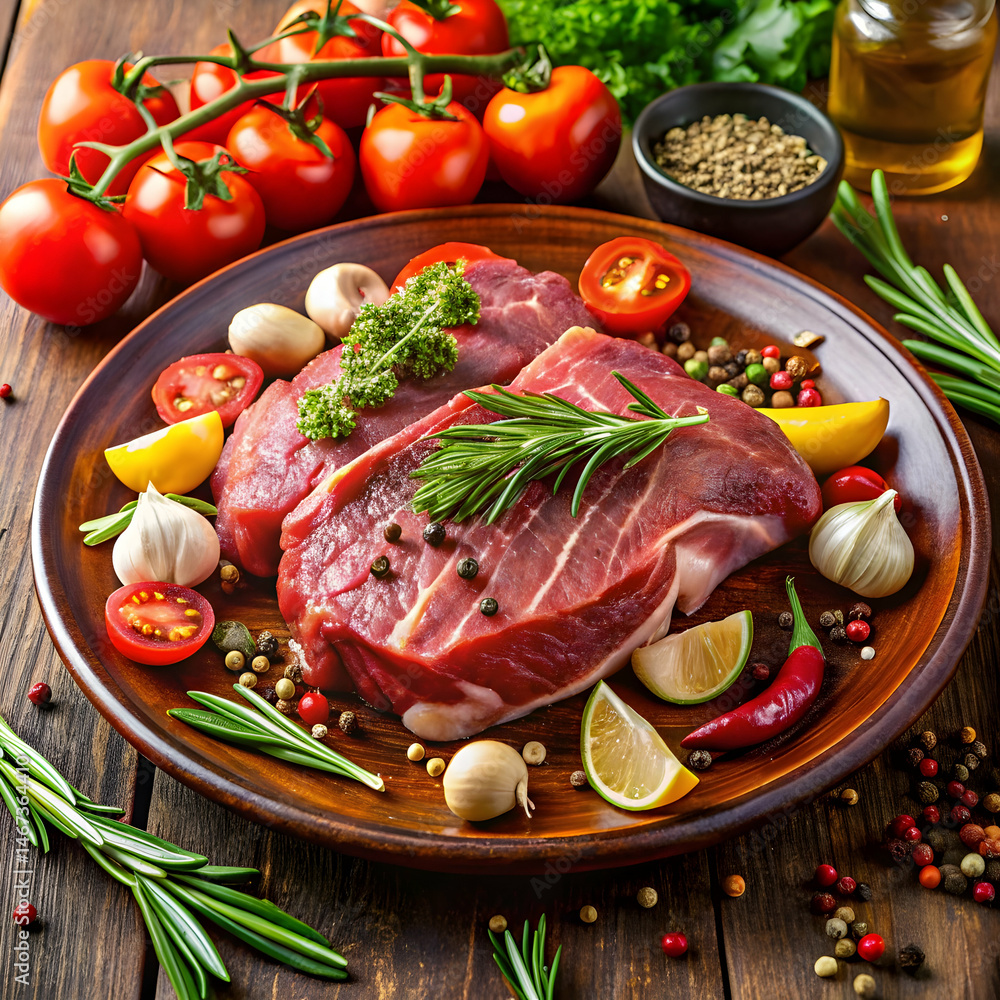 Meat with vegetable and seasonings on plate Meat with vegetable and seasonings on plate