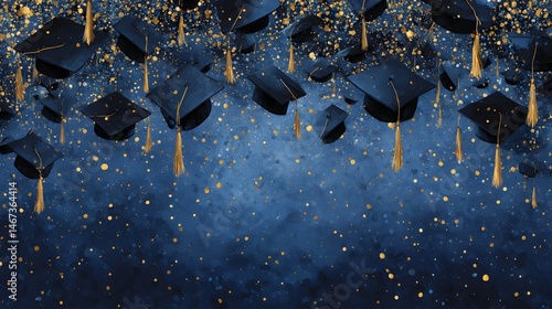 A celebratory graduation background features many navy blue graduation caps and gold confetti falling on a dark blue backdrop.
