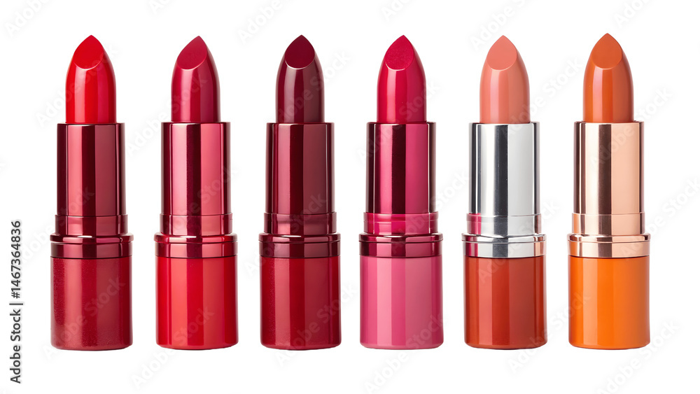 Obraz premium Set of Lipstick Rows in Fashion Colors High-Gloss Tubes Isolated PNG