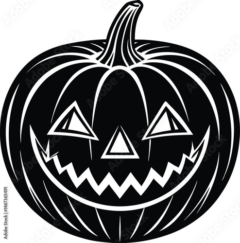 This isolated orange jack-o-lantern, a scary vegetable carved with an evil face, is a classic spooky decoration for the autumn halloween holiday celebration