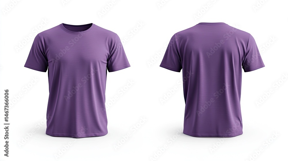 Mockup of a traditional purple men's T-shirt, front and back, isolated on a white background. Mockup of a traditional purple men's T-shirt, front and back, isolated on a white background.