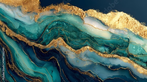 Stunning blue and gold marble on deep dark blue green background with rich textures