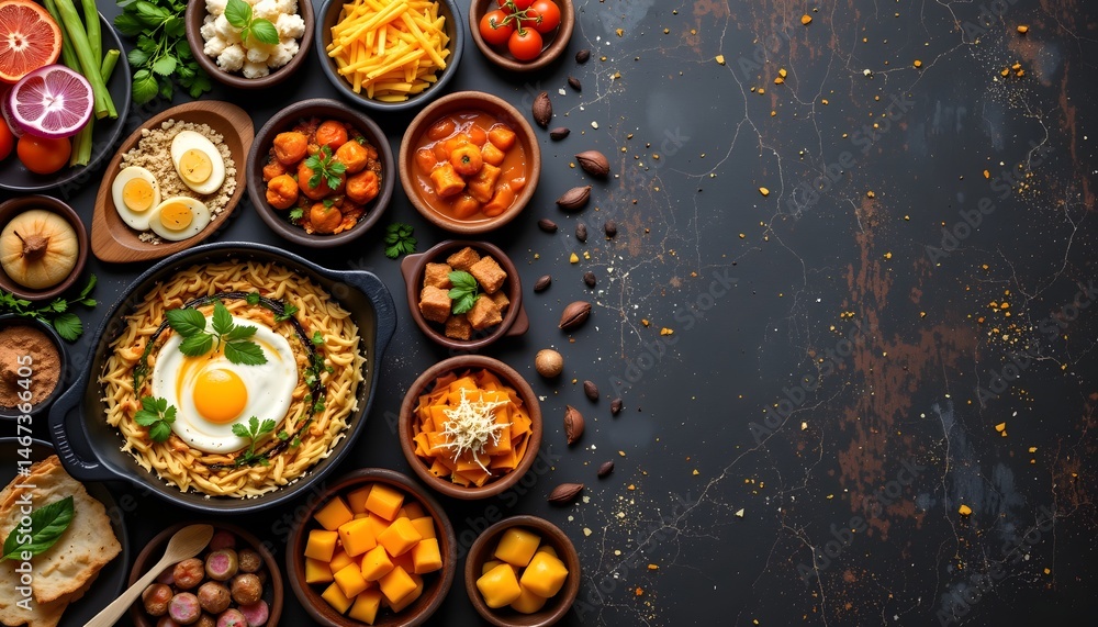 A delicious variety of colorful food plates prepared and cooked with fresh ingredients A delicious variety of colorful food plates prepared and cooked with fresh ingredients