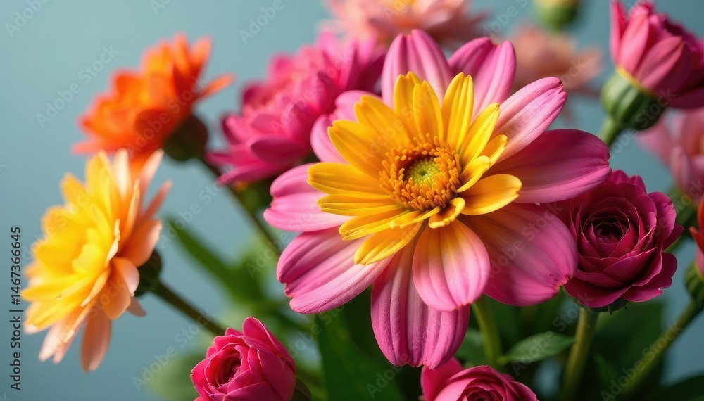 Vibrant bouquet of various flower heads, close-up view , white, floral arrangement, flowers close up Vibrant bouquet of various flower heads, close-up view , white, floral arrangement, flowers close up