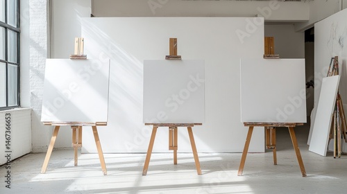 Three blank canvases on easels in a sunlit art studio.