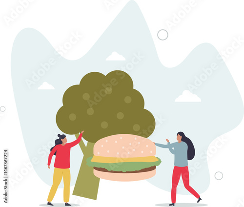 Unhealthy nutrition concept. Diet and ration, active and sedentary lifestyle. Vegetarians against fast food. character life .