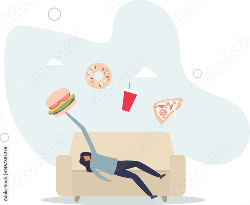 woman lying on the sofa and eating fast food, obesity and lifestyle concept. character life .