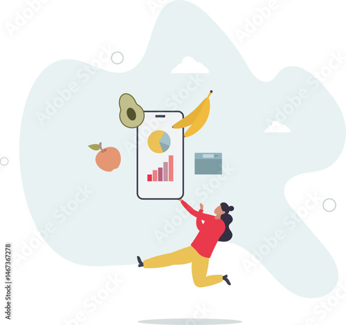 young woman use weight loss app to control food consumption. character life .