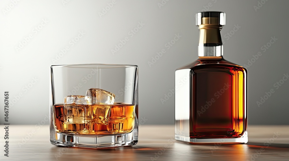 Realistic whiskey glass and bottle mockup, isolated on a transparent background for traditional drink visuals. Realistic whiskey glass and bottle mockup, isolated on a transparent background for traditional drink visuals.