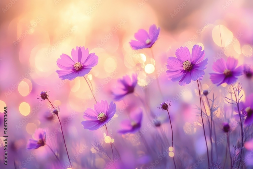 Golden sunlight illuminates a magical field of pink flowers, resulting in a warm and dreamy atmosphere, where bokeh adds a soft, blurred quality to the background Golden sunlight illuminates a magical field of pink flowers, resulting in a warm and dreamy atmosphere, where bokeh adds a soft, blurred quality to the background