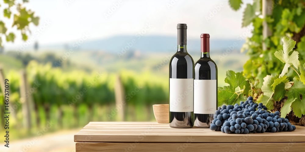 Fototapeta premium Wine bottles and grapes on wooden table in scenic vineyard landscape