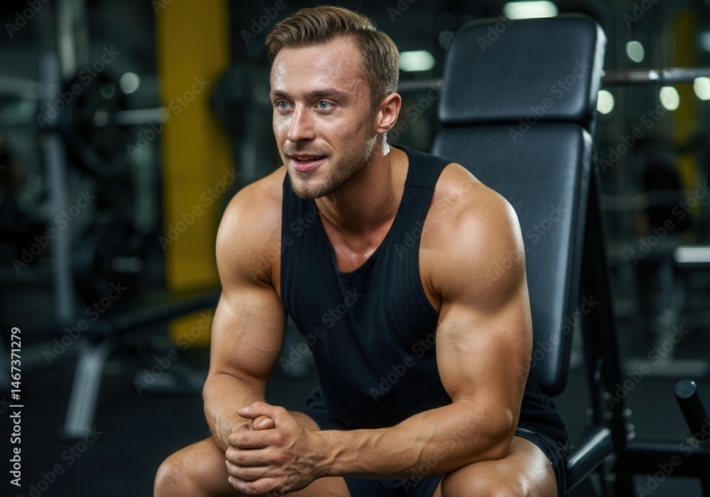 Muscular young man resting on gym bench in black tank top Muscular young man resting on gym bench in black tank top