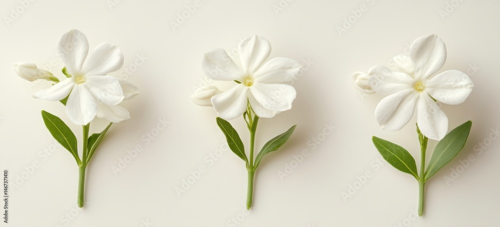 Obraz premium three white jasmine flowers isolated on pure background, front side and back views