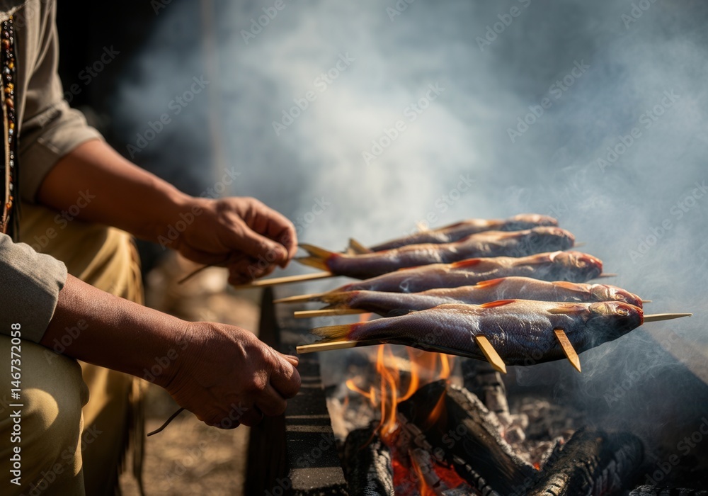 Grilling fresh fish on skewers over open flame with smoke outdoors