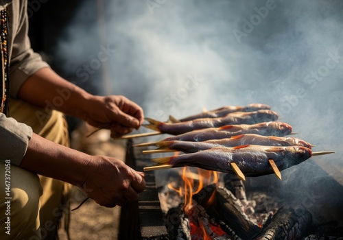 Obraz na płótnie Grilling fresh fish on skewers over open flame with smoke outdoors w salonie