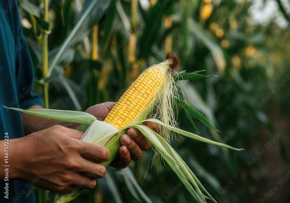 Farmer holding freshly harvested corn cob in field