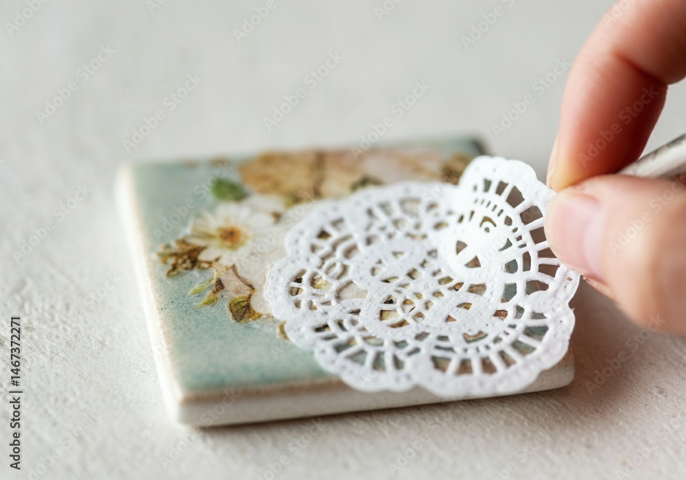 Hand placing intricate white paper doily on floral ceramic tile for used as a decoupage element