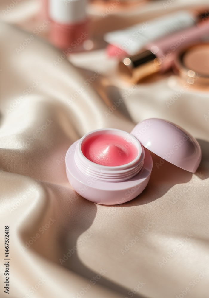 Open pink lip balm on soft beige satin fabric with makeup products