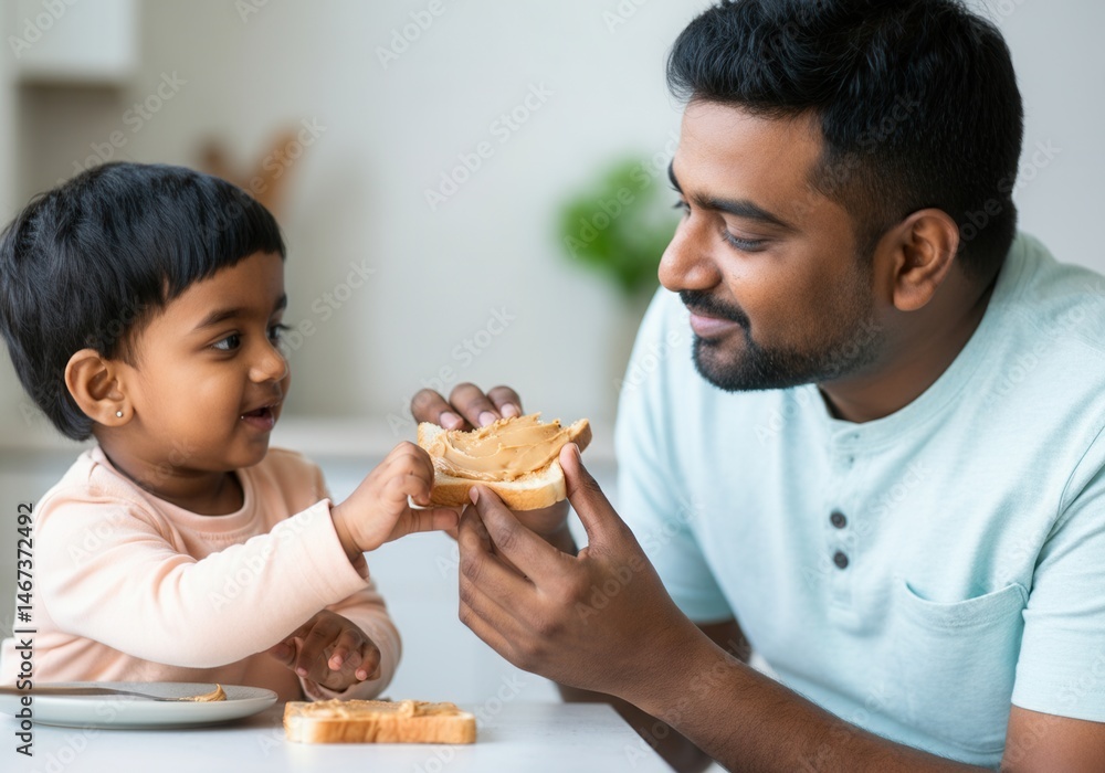 Father and child sharing a peanut butter toast at home