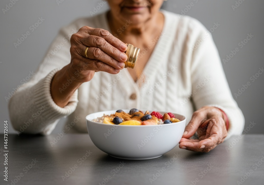 Senior woman sprinkling cinnamon on healthy breakfast oatmeal with fruits