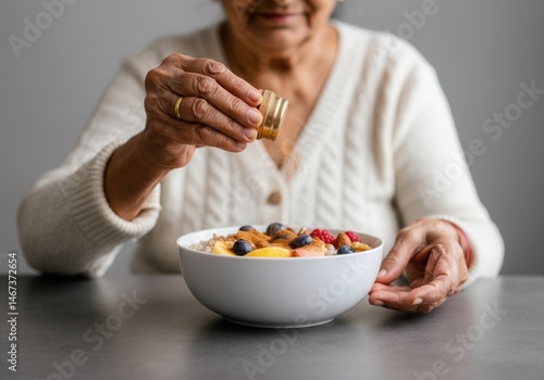 Senior woman sprinkling cinnamon on healthy breakfast oatmeal with fruits