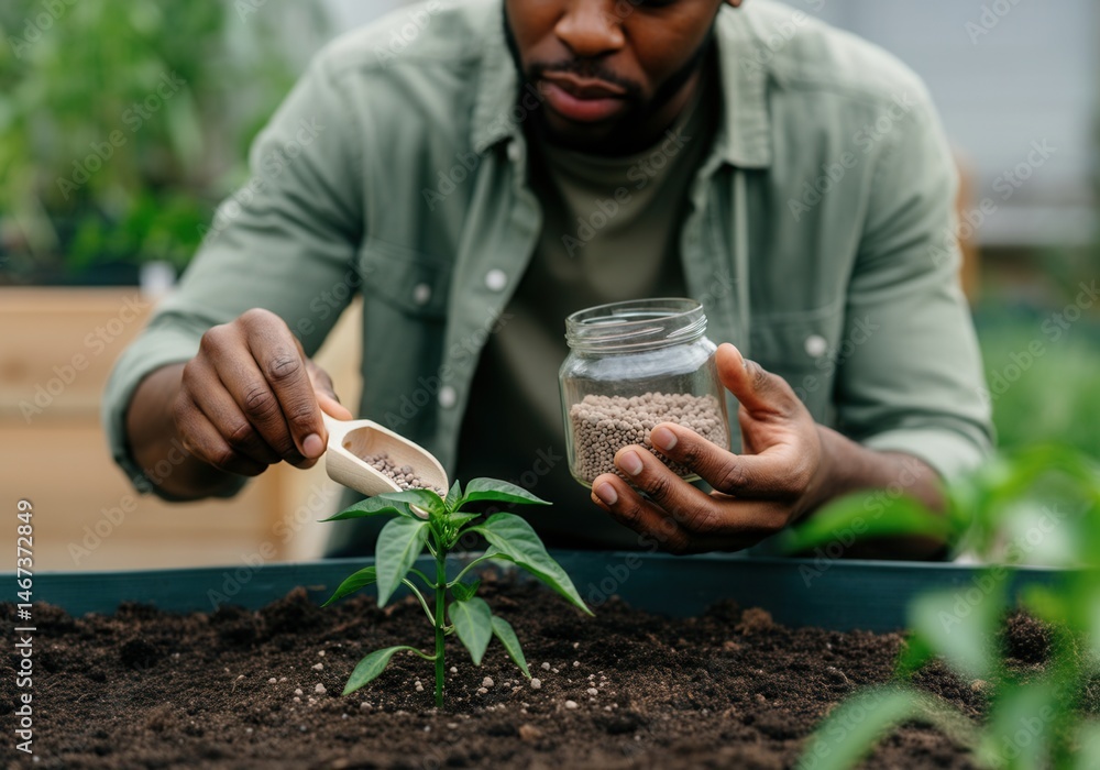Young man fertilizing plant in garden with granules in scoop and jar