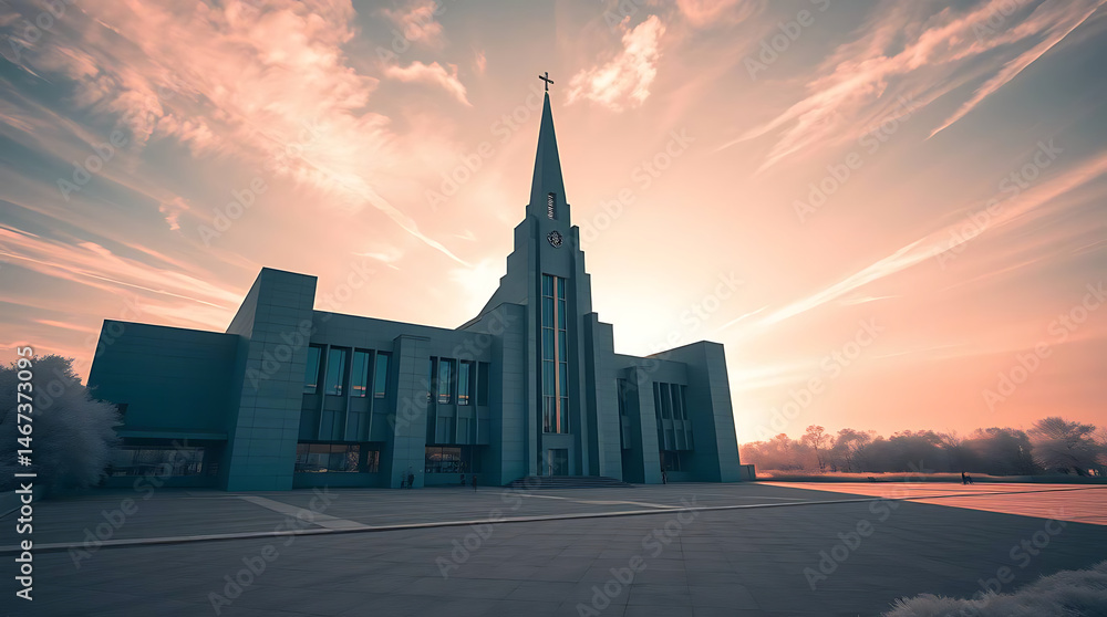 Fototapeta premium A massive brutalist cathedral built of concrete and glass, casting long shadows in the sunset, blending religious solemnity with futuristic geometry. created by generative ai
