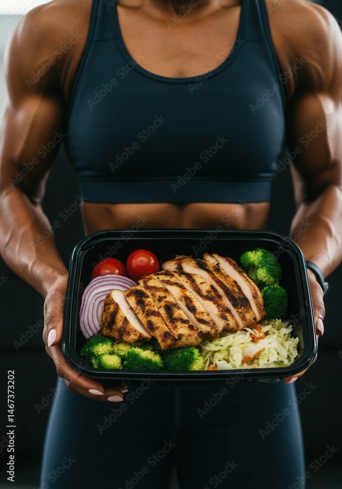 Athletic woman holding healthy grilled chicken meal with vegetables in container