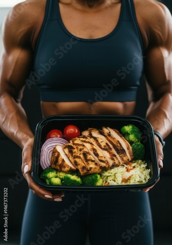 Obraz na płótnie Athletic woman holding healthy grilled chicken meal with vegetables in container w salonie