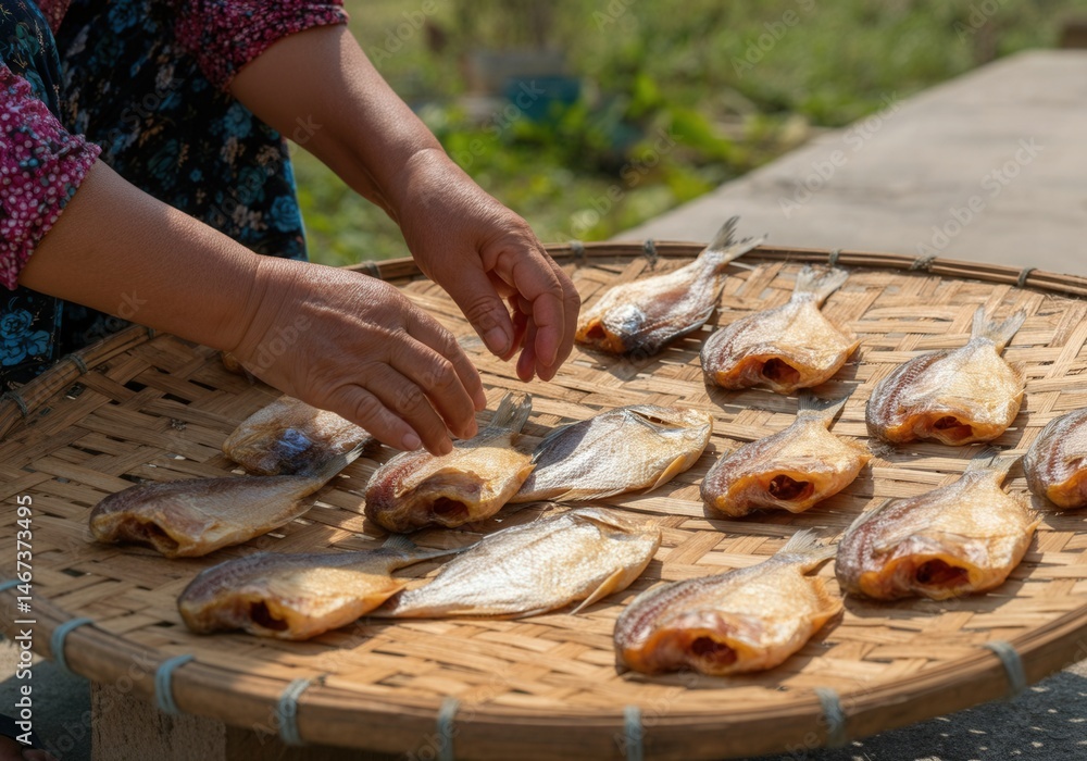 Hands preparing sun-dried fish on woven bamboo basket outdoors