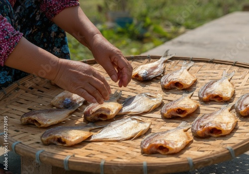 Obraz na płótnie Hands preparing sun-dried fish on woven bamboo basket outdoors w salonie