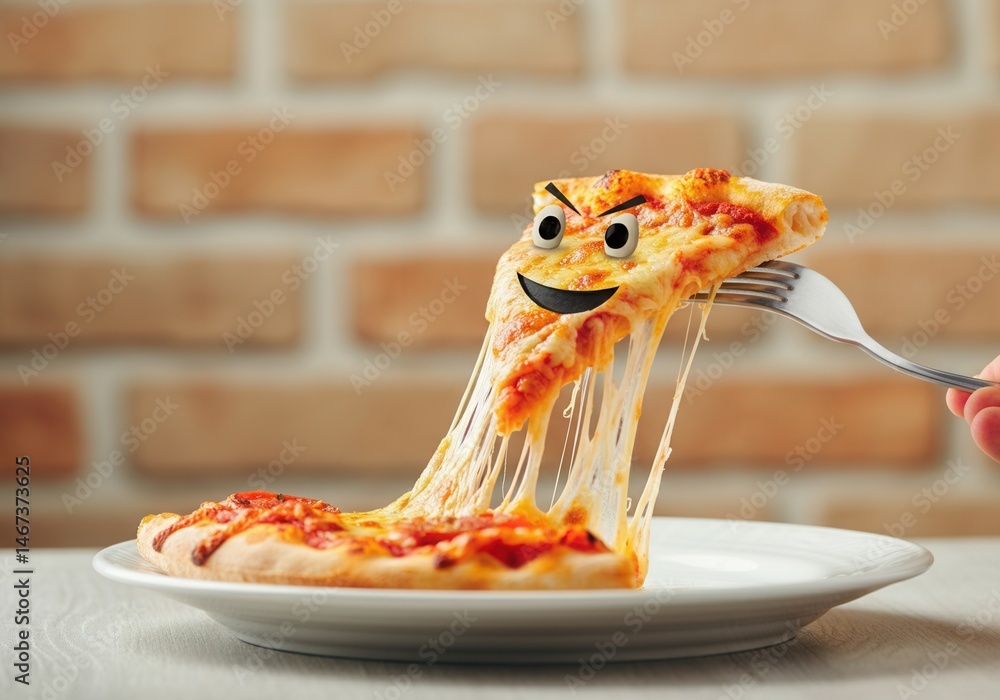 Playful pizza slice with face being pulled by fork against brick wall background