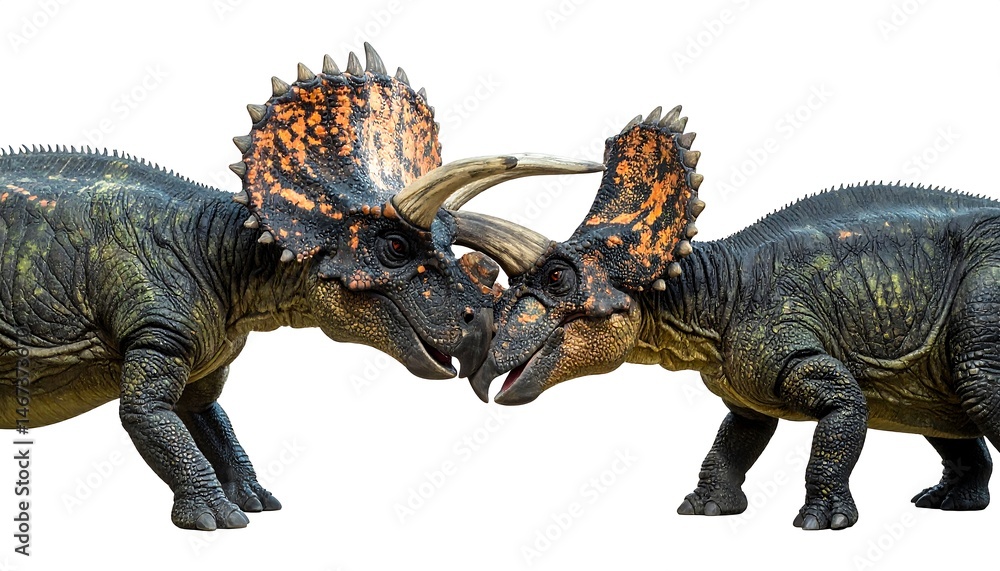 Fototapeta premium Two Triceratops Dinosaurs Facing Off on White Background