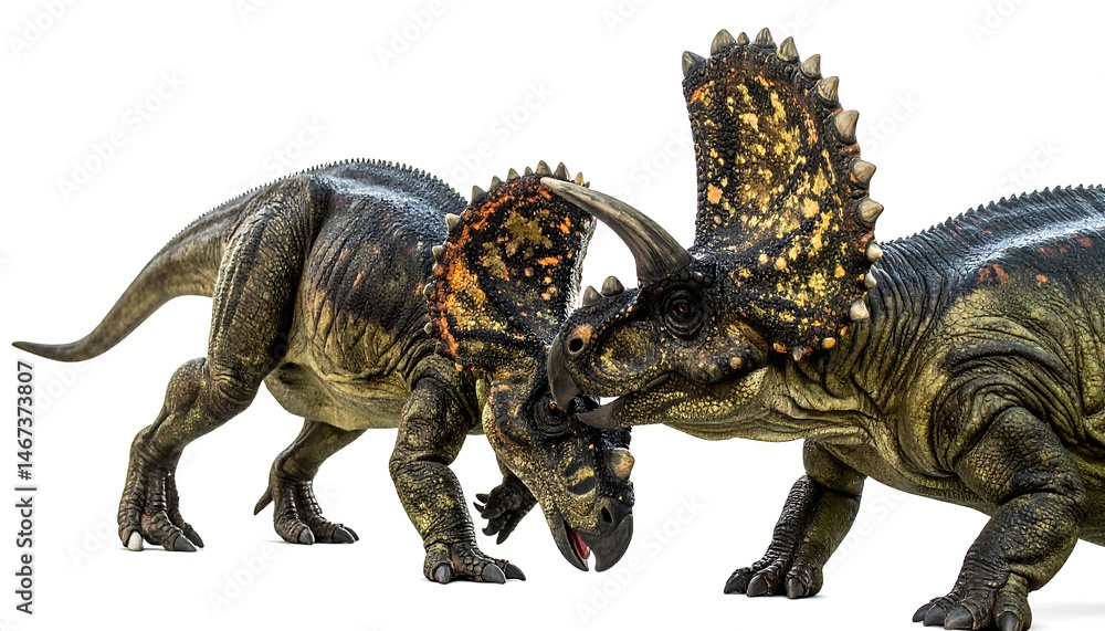 Fototapeta premium Two Dinosaurs Clashing Heads in Dramatic Showdown
