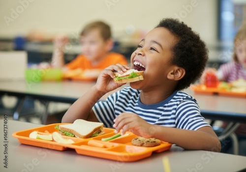 Obraz na płótnie Happy young boy with sandwich in school cafeteria eating lunch w salonie