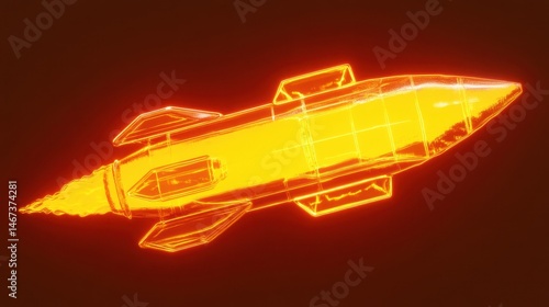 Glowing rocket ship illustration a vintage computer-generated art style with vibrant yellow and orange hues against a deep red backdrop