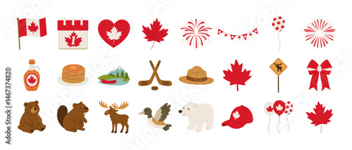 A collection of Canadian flags, maple leaves, and other Canadian icons. The flags are red and white, and the maple leaves are green. The icons include a bear, a moose, a beaver, a canoe