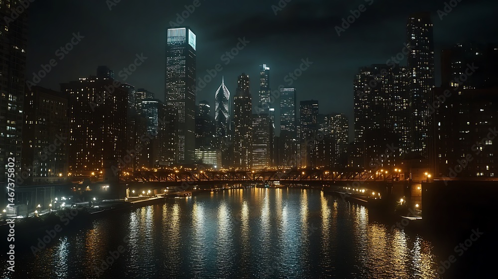 Fototapeta premium New York Skyline at Dusk with Bright Illuminated Towers and Skyscrapers High Resolution Picture