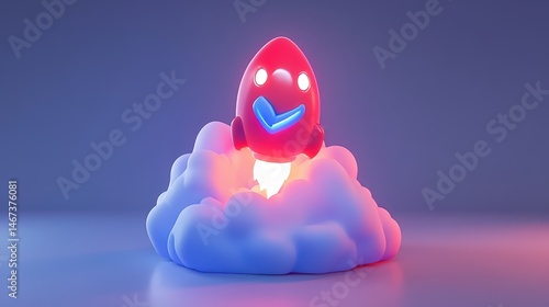Fototapeta Naklejka Na Ścianę i Meble -  Stylized Rocket Ship Launching with Smoke Trail in Vaporwave Aesthetic for Science or Technology Concepts and Colorful Background