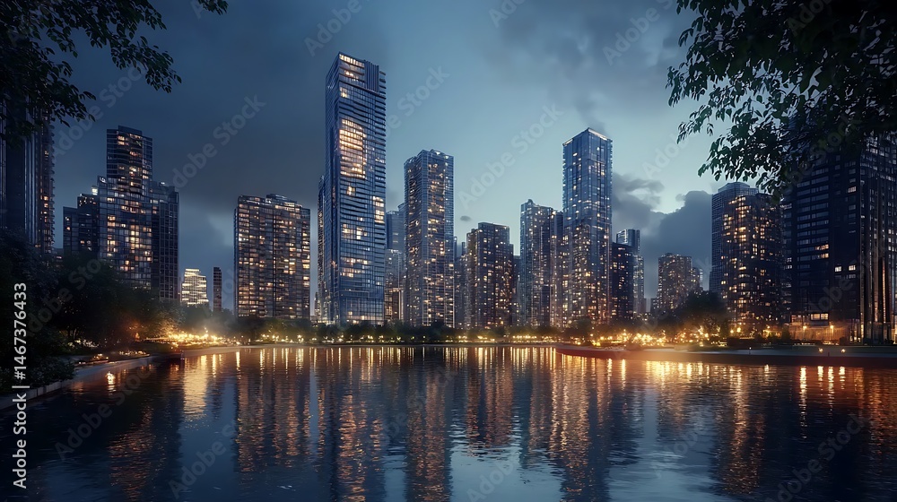 Naklejka premium New York Skyline at Twilight with Glowing Skyscrapers and Lights High Resolution Picture