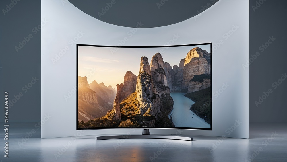 Fototapeta premium Photorealistic image of a ultra-thin curved smart tv in a studio setting