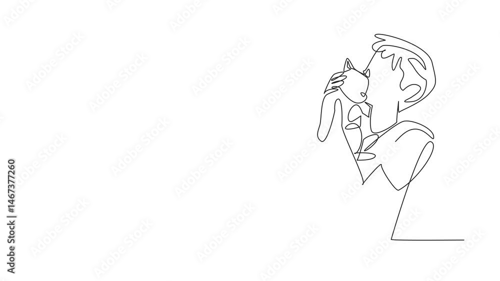 Animated self drawing of one line drawing a boy lovingly embracing and kissing cat. The unconditional love between humans and animals. National Love Your Pet Day. Full length single line animation