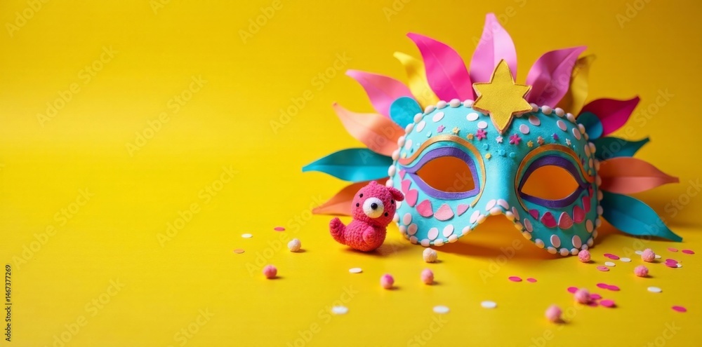 Obraz premium Carnival mask made of crepe paper in pastel colors surrounded by small toys and confetti on yellow background, crepe paper craft, confetti