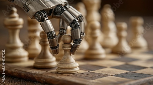 AI-generated robotic hand playing chess, symbolizing technology and strategy