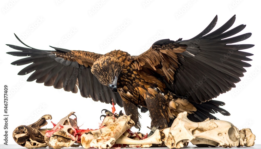 Obraz premium Powerful Dark Brown Eagle Feeding on Animal Remains Against White Background