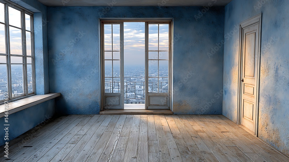Fototapeta premium Empty Room with Balcony Doors City View Blue Walls Wooden Floor Vintage Apartment