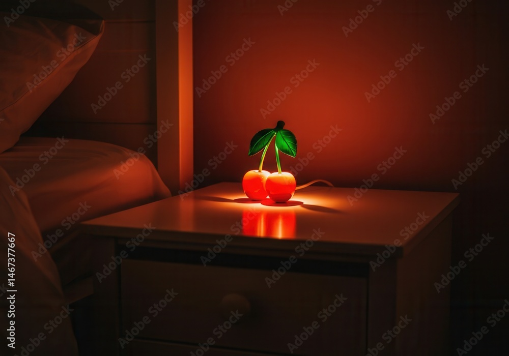 Ambient cherry lamp on bedside table in warm cozy bedroom setting