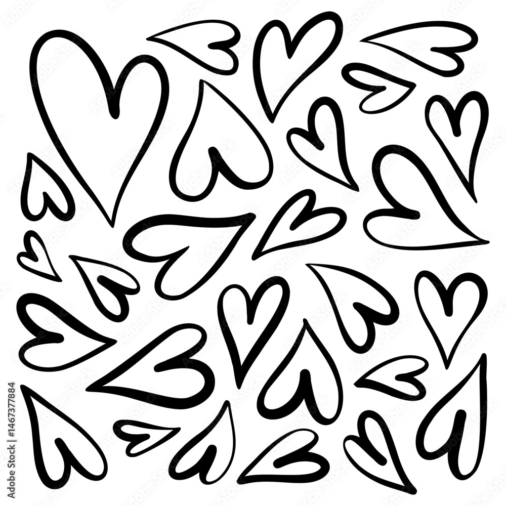 Hand drawn heart doodles set with black ink calligraphy lines on white background Hand drawn heart doodles set with black ink calligraphy lines on white background