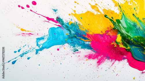 Vibrant colorful paint splash background showcasing bold hues blending and splattering dynamically on a white canvas