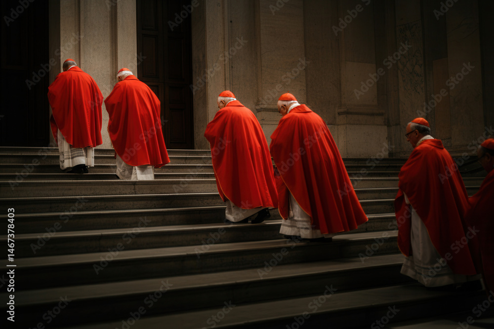 Naklejka premium Cardinals in red robes ascending steps inside historic cathedral